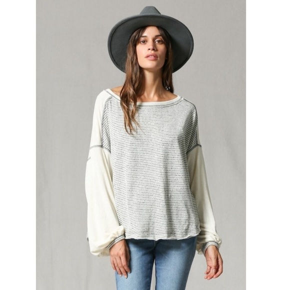 By Together Tops - By Together Lori Two Tones Top Grey and Cream Stripped Size Medium